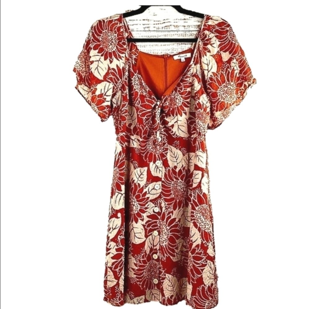 MADEWELL SIZE 2 MINI DRESS SILK TIE FRONT FALL SUNFLOWER‎ GUC - Picture 2 of 15
